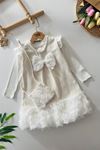 Miniğimin Cicileri Eteği Gül Detaylı Çantalı Kız Çocuk Tüvit Elbise - Krem