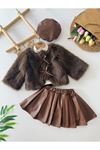Miniğimin Cicileri Kürklü Deri Etekli Kız Çocuk 4 lü Takım - Acı Kahve