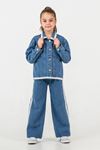 Miniğimin Cicileri Dantel Şerit Detaylı Kot Ceket ve Pantolon Kız Çocuk Takımı - Mavi