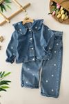 Miniğimin Cicileri Asimetrik Yaka Detaylı Papatya İşleme Detaylı Kız Çocuk Kot Ceketli Takım - Mavi