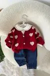 Miniğimin Cicileri Kalpli Triko Hırkalı Pamuklu Kız Bebek 3 lü Takım - Kırmızı