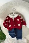 Miniğimin Cicileri Kalpli Triko Hırkalı Pamuklu Kız Bebek 3 lü Takım - Kırmızı
