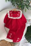Miniğimin Cicileri Müslin Fisto Detaylı Çiçek İşleme Kız Çocuk 2 li Takım - Kırmızı