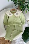 Miniğimin Cicileri Gömlek Yaka Çiçek İşlemeli Müslin Kız Çocuk 2 li Takım - Yeşil