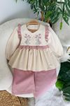 Miniğimin Cicileri Fistolu Çiçek Dantel Detaylı Vintage Kız Çocuk 2 li Takım - Gül Kurusu