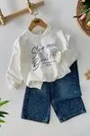 Miniğimin Cicileri Stay Beautiful Taşlı Kot Pantolonlu Kız Çocuk 2 li Takım - Beyaz