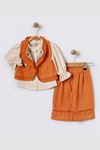 Miniğimin Cicileri Dantel Kenarlı Yelekli Kız  Çocuk Keten İşlemeli Kız Bebek Takım - Turuncu