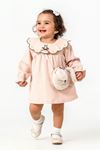 Minigimin Cicileri Yaka Tavşan Nakışlı Kız Çocuk Elbise Çantalı 2'li Takım - Somon