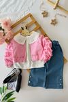 Miniğimin Cicileri Yaka Dantel Detaylı Ceketli 3 lü Kız Çocuk Takım - Pembe