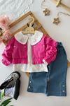 Miniğimin Cicileri Yaka Dantel Detaylı Ceketli 3 lü Kız Çocuk Takım - Fuşya
