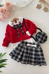 Miniğimin Cicileri Fiyonk Triko Kazaklı Ekose PileLi Şort Etekli Kız Çocuk 4 lü Takım - Kırmızı