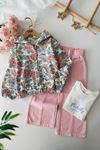 Miniğimin Cicileri Çiçekli  Pamuklu 3 lü Ceketli Takım - Pembe