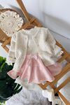 Miniğimin Cicileri Fiyonk Detaylı Triko Hırkalı Dantel Etekli Kız Bebek 4 lü Takım - Pudra