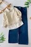 Miniğimin Cicileri (10–13 Yaş) Çiçek Aplikeli Örgü Kazaklı Gömlek ve Kot Pantolon Kız Çocuk 3 lü Takımı - Krem
