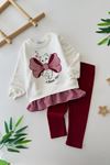 Miniğimin Cicileri Kedicik Baskı Pötikare Detaylı Kız Çocuk 2 li Takım - Bordo