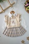 Miniğimin Cicileri Sevimli Tavşan Desenli Ekose Etekli Triko Kız Çocuk 3 lü Takım - Krem
