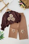 Miniğimin Cicileri Örgü Çiçek  Detaylı Kız Çocuk 2 li Takım - Kahverengi