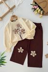 Miniğimin Cicileri Örgü Çiçek  Detaylı Kız Çocuk 2 li Takım - Krem