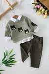 Miniğimin Cicileri Ayıcık Nakışlı Örgü Sweatshirt ve Pantolon Erkek Bebek 3lü Takım - Yeşil
