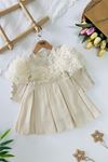 Miniğimin Cicileri Tül Gül Detaylı Taş İşlemeli Kemerli Kız Çocuk Elbise - Krem