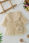 Miniğimin Cicileri Prenses İncili Tül Detaylı Çantalı Kız Çocuk Elbise - Bej