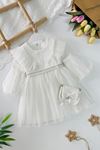 Miniğimin Cicileri Prenses İncili Tül Detaylı Çantalı Kız Çocuk Elbise - Beyaz