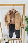 Miniğimin Cicileri Vintage Baskılı Kapüşonlu Erkek Çocuk Ceket Pantolon 3 lü Takımı - Toprak