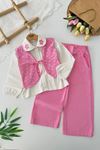 Miniğimin Cicileri Yelekli Çiçek İşleme Detaylı Kız Çocuk 3 lü Gabardin  Takım - Pembe