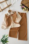 Miniğimin Cicileri Yelekli Çiçek İşleme Detaylı Kız Çocuk 3 lü Gabardin  Takım - Kahverengi