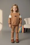 Minigimin Cicileri (2-5 Yaş) Omuz Brodeli Fiyonk Detay 3 İp Kız Çocuk Takım - Kahverengi