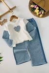 Miniğimin Cicileri Kalp Detaylı Payetli Kot Pantolonlu Kız Çocuk 2 li Takım - Beyaz