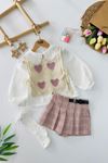 Miniğimin Cicileri Kalp Örgü Desenli Ekose Şort Etekli Kız Çocuk 4 lü Takım - Gül Kurusu