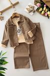 Miniğimin Cicileri Papatya Baskılı Taş Detaylo 3 lü Kız Çocuk Takım - Kahverengi