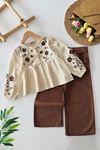 Miniğimin Cicileri Çiçek Nakış Detaylı Pantolonlu Kız Çocuk 2'Li Takım - Kahverengi