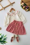 Miniğimin Cicileri Fiyonk Düğme Detaylı Kadife Etekli Kız Çocuk 2 li Takım - Gül Kurusu
