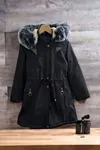Miniğimin Cicileri Kapüşonlu Bel Büzgülü Yünlü Kız Çocuk Parka - Siyah