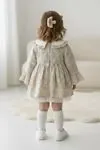 Miniğimin Cicileri Vintage Yaprak Desenli Fırfır Yaka Tüllü Kız Bebek Elbise - Bej