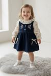 Miniğimin Cicileri Çiçek Nakışlı Kot Jileli Fırfır Yaka Kız Bebek Elbise Takım - Lacivert
