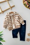 Miniğimin Cicileri Çizgili Triko Hırkalı Gömlekli Erkek Çocuk 4’lü Kot Takım - Kahve