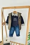 Miniğimin Cicileri Kapitone Yelekli Ekose Gömlek Detaylı Sweatshirtlü Kot Pantolonlu Erkek Çocuk 4’lü Takım - Yeşil