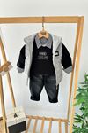Miniğimin Cicileri Kapitone Yelekli Ekose Gömlek Detaylı Sweatshirtlü Kot Pantolonlu Erkek Çocuk 4’lü Takım - Gri