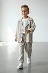 Minigimin Cicileri Minimal Keten Blazer Ceketli Lastik Bel Pantolonlu Erkek Çocuk 3'lü Takım - Bej