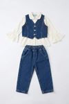 Miniğimin Cicileri Vintage Kot Yelekli Fırfır Kol Gömlekli Kız Çocuk 3’lü Jean Takım - Mavi