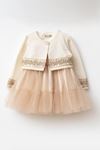 Miniğimin Cicileri Gold Şerit Detaylı Tül Etekli Kız Bebek Elbise - Bej