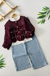 Miniğimin Cicileri (8-12 Yaş) Dantel Örgü Hırkalı Bol Paça Kot Pantolonlu Kız Çocuk 3 lü Kombin Takım - Bordo