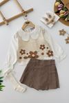 Miniğimin Cicileri Papatya Detaylı Süveterli Kız Çocuk 3 lü Takım - Kahverengi
