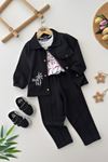 Miniğimin Cicileri Wear Palmiye Detaylı Ceketli Tişörtlü Erkek Çocuk 3’lü Kombin Takım - Siyah