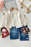Miniğimin Cicileri Elegance Gül Nakışlı Ceketli Denim Pantolonlu Kız Çocuk 3’lü Kombin - Ekru