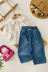 Miniğimin Cicileri Fiyonk Nakışlı Gömlekli Denim Pantolonlu Kız Çocuk Premium 2 li Takım - Mavi