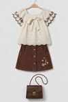 Miniğimin Cicileri Nakış Detaylı Fırfır Kollu Bluzlu Kadife Etekli Çantalı Kız Çocuk 3’lü Takım - Acı Kahve